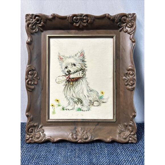 Vintage Plastic Framed Dog Print West Highland White Terrier 7” x 6” - Picture 1 of 7